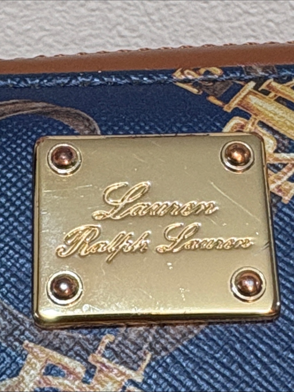 Lauren Ralph Lauren Navy Blue and Brown Printed Crossbody Wallet - Picture 3 of 17